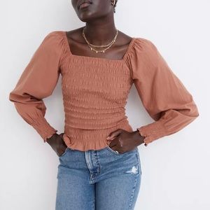 Madewell | XS Lucie Bubble-Sleeve Smocked Top in Warm Umber